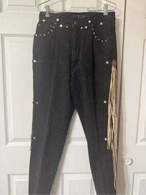 Vintage Homemade Western Style Studded Black Women's Jeans with Fringe Detail